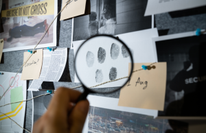 Person using a magnifying glass to look at fingerprints