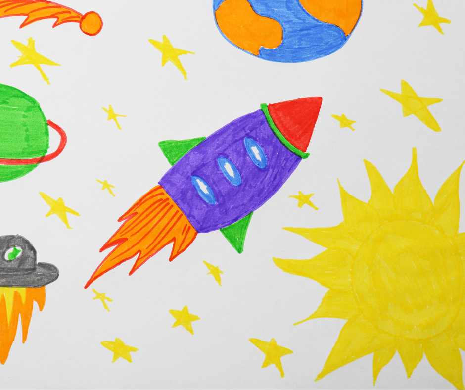 A child's drawing of outer space and a rocket.