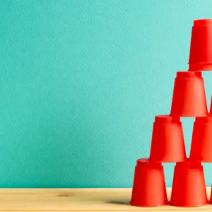 a pyramid of stacked plastic cups